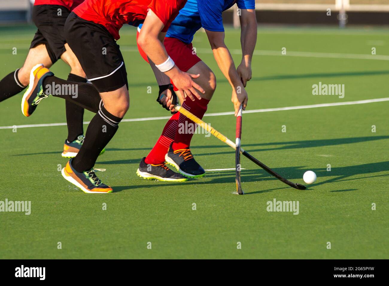 Giocatore di hockey su campo su campo di gioco erba artificiale. Foto Stock