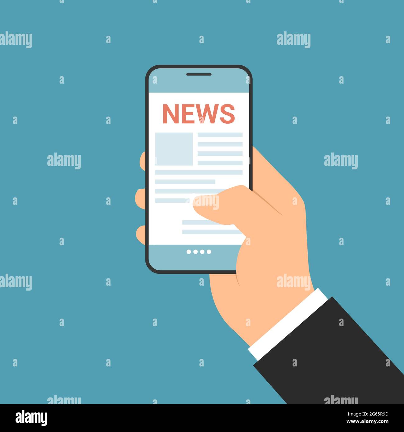 Illustrazione dal design piatto dello smartphone di gestione con applicazione di notizie. Lettura del titolo e del testo - vettore Illustrazione Vettoriale