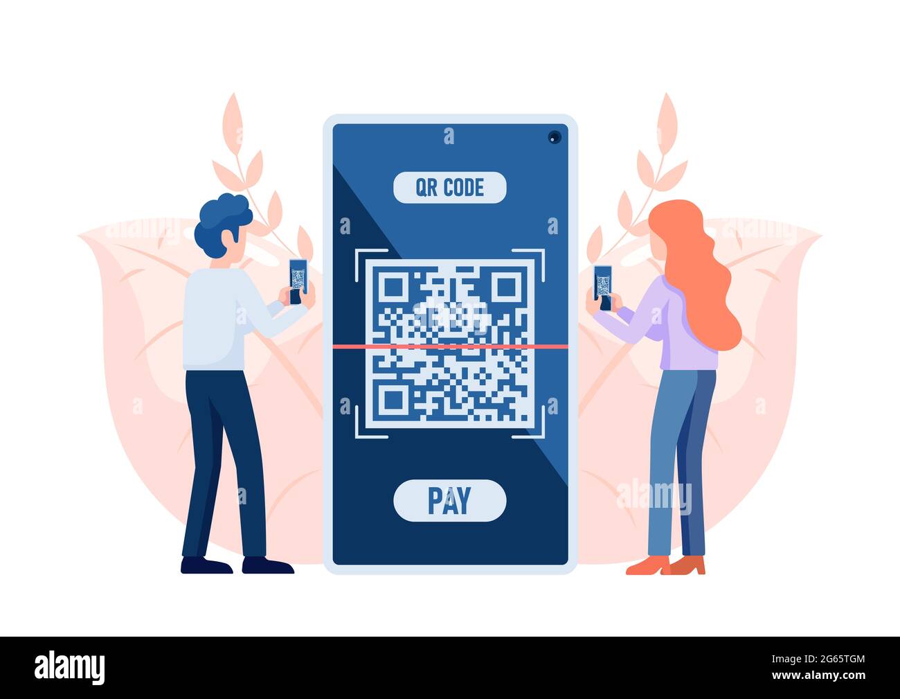 Gli utenti utilizzano lo smartphone per eseguire la scansione del codice QR per il pagamento. Concetto di tecnologia di verifica dei codici QR. Illustrazione Vettoriale