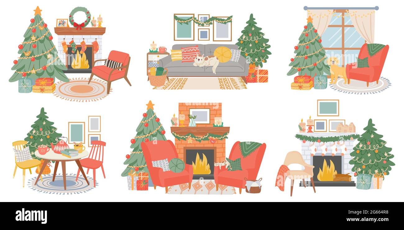 Interni di Natale. Camera decorata nel nuovo anno con pino, camino, sedie accoglienti, gatto e cane. Casa vacanza invernale atmosfera set vettoriale Illustrazione Vettoriale