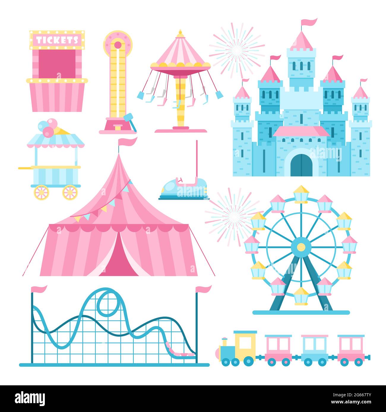 Set di illustrazioni vettoriali piatte per le attrazioni del parco divertimenti. Ruota panoramica cartoon, montagne russe e biglietteria. Elementi di design per fiere e fiere Illustrazione Vettoriale