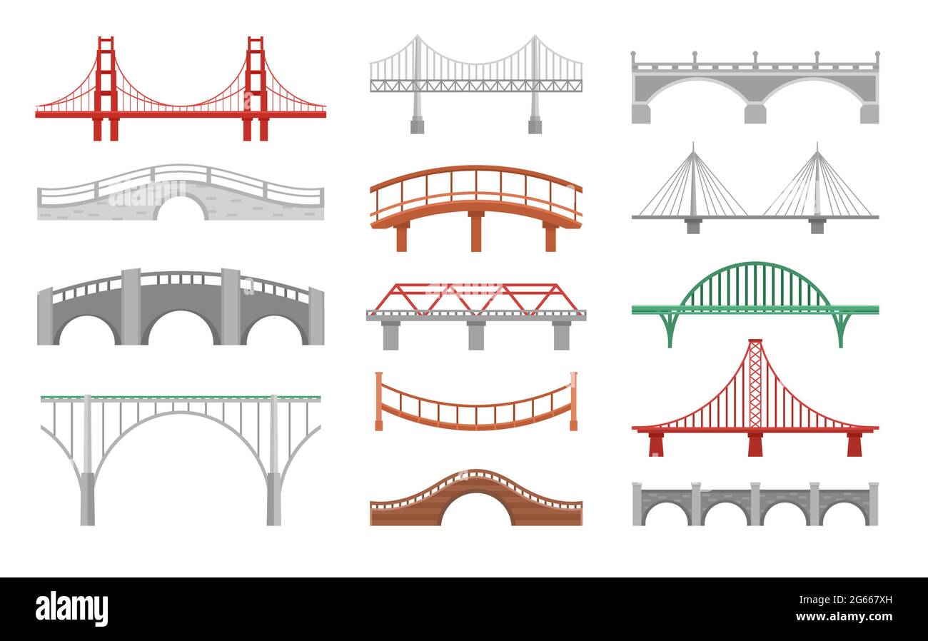 Set di illustrazioni vettoriali piatte di ponti diversi. Vari bridgeworks isolati su sfondo bianco. Grandi ponti urbani e piccoli ponti di legno impacchettare. Città enorme Illustrazione Vettoriale