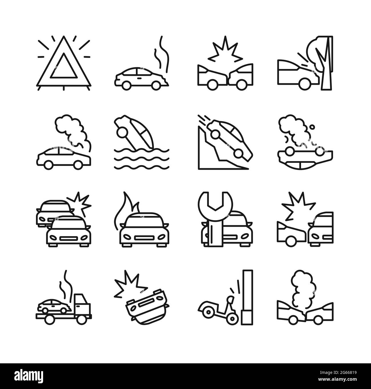 Immagine vettoriale del set di icone incidenti stradali. Collezione di icone di linea di diversi tipi di crash auto, autovetture, moto e autobus, design lineare Illustrazione Vettoriale