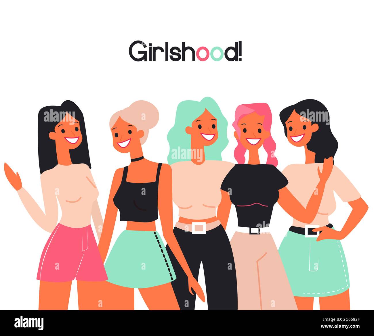 Girlshood, girlfriends, donne squadra piatto colore vettore illustrazione concetto Illustrazione Vettoriale