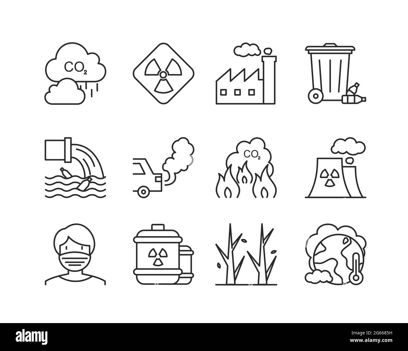 Icone ecologiche linee di contorno impostate. Elemento illustrativo del vettore inquinamento ambientale Illustrazione Vettoriale