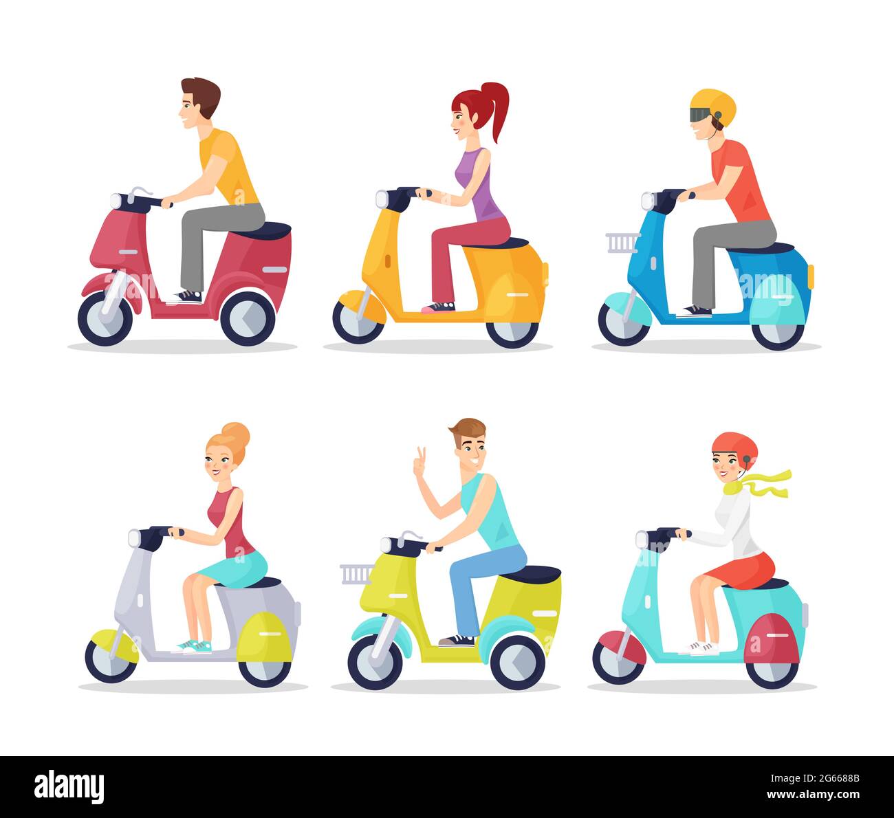 Persone su scooter piatto vettore illustrazioni set. Uomini allegri e donne in abbigliamento casual cavalcare moots personaggi cartoon. Felici i giovani adulti con Illustrazione Vettoriale