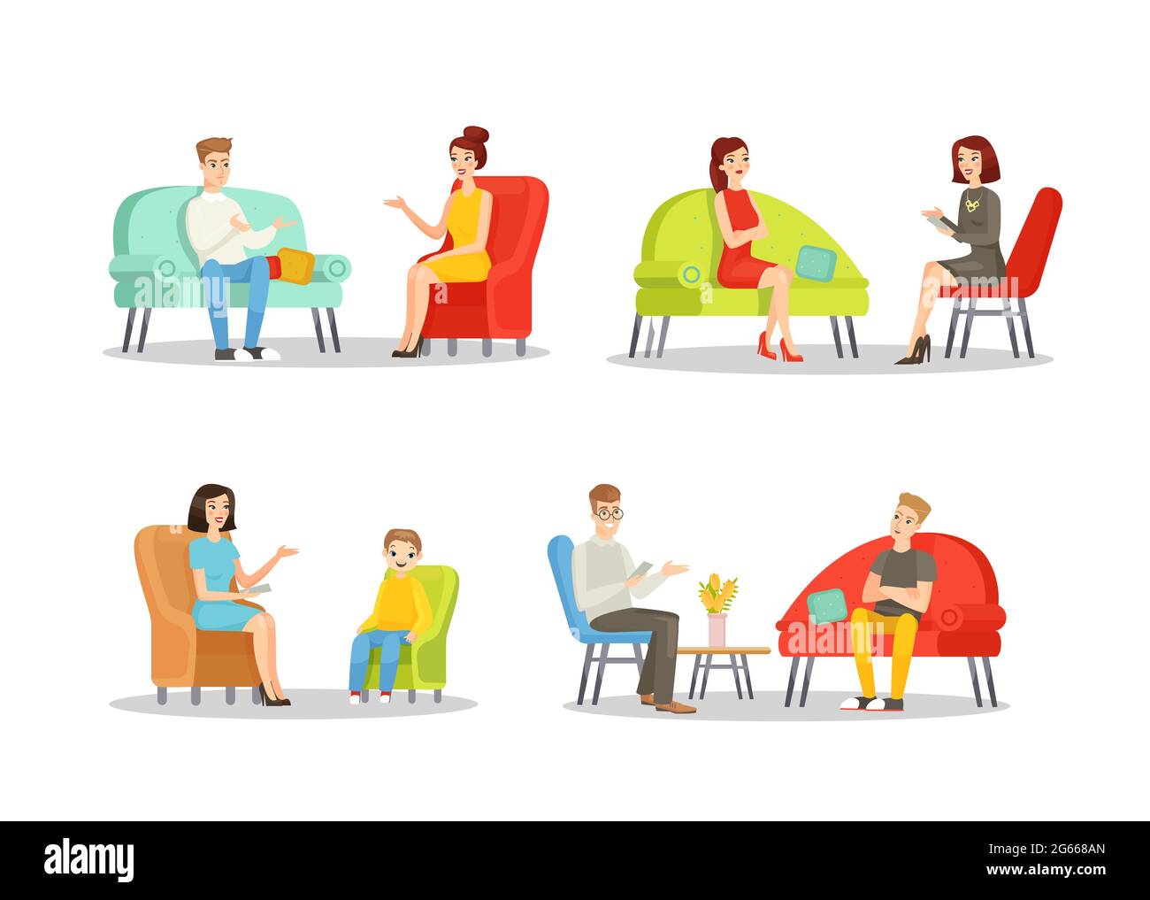Psicologo individuale consultazione colore piatto concetto vettore illustrazione set Illustrazione Vettoriale