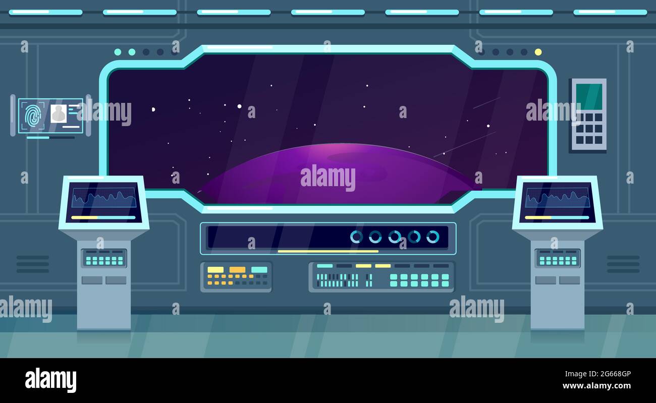 Veicolo spaziale, navetta o nave interna piatto vettore illustrazione sfondo del gioco. Il futuro dei viaggi spaziali Illustrazione Vettoriale