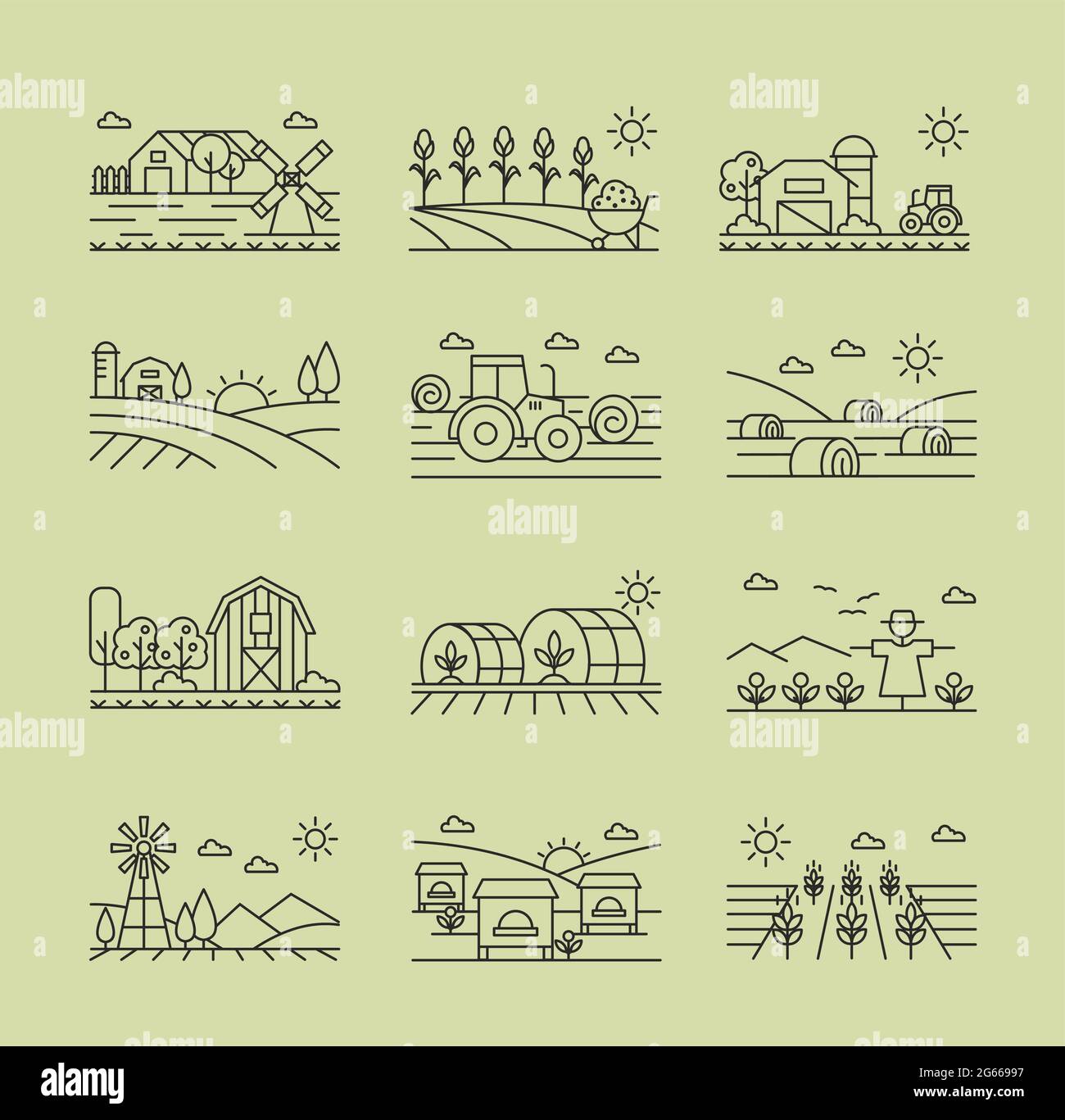 Set lineare bianco e nero icone agricole. Mietitrebbia da raccolta, agromotore, scaretrow su campo. Mais, grano e grano. Coltivare e coltivare Illustrazione Vettoriale
