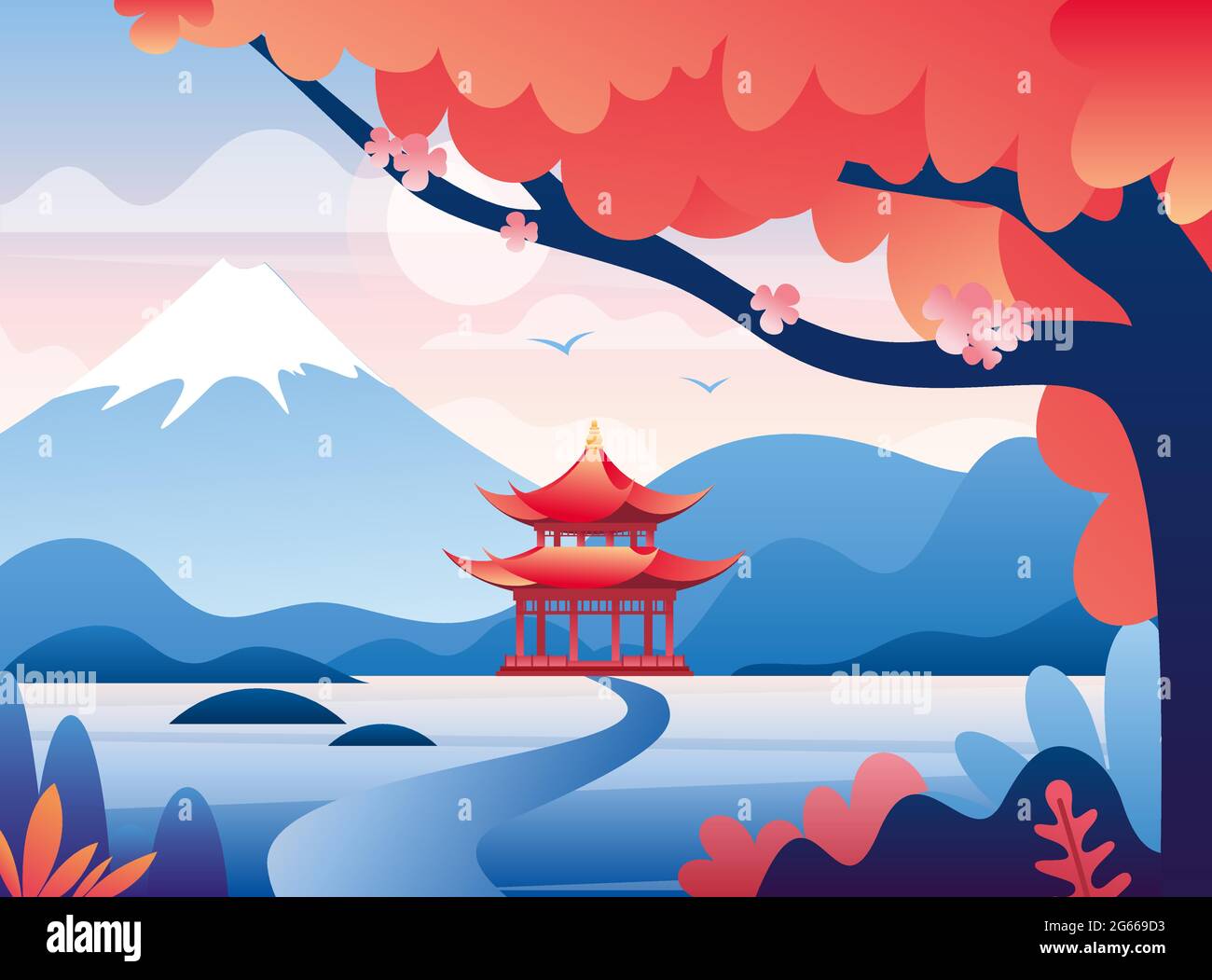 Il castello rosso giapponese e la neve Fuji montagna picco illustrazione Illustrazione Vettoriale