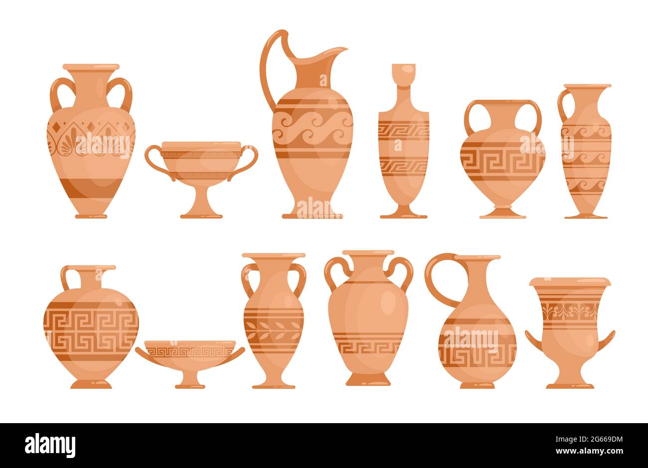 Set di illustrazioni vettoriali piatte per vasi greci. Anfora in ceramica antica con collezione di motivi. Antica Grecia vasaio con ornamento isolato design Illustrazione Vettoriale