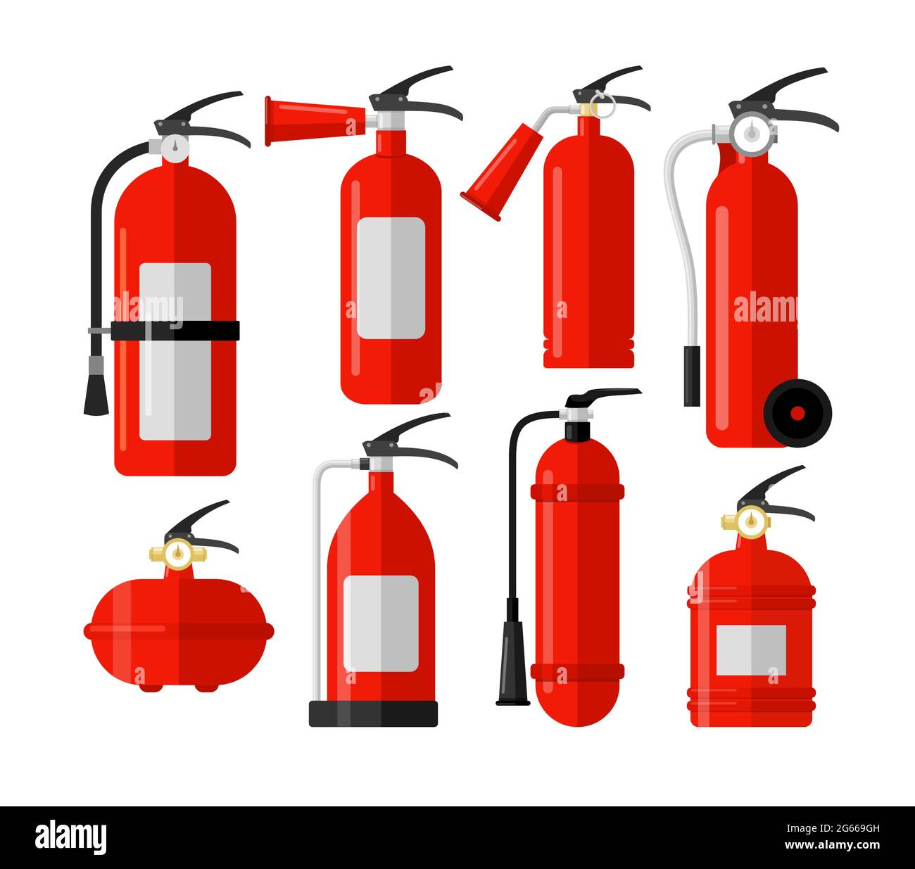 Set di illustrazioni vettoriali piatte colorate per estintori antincendio. Primo avviso, emergenza. Attrezzature antincendio. Pacchetto di utensili antifiamma isolato Illustrazione Vettoriale