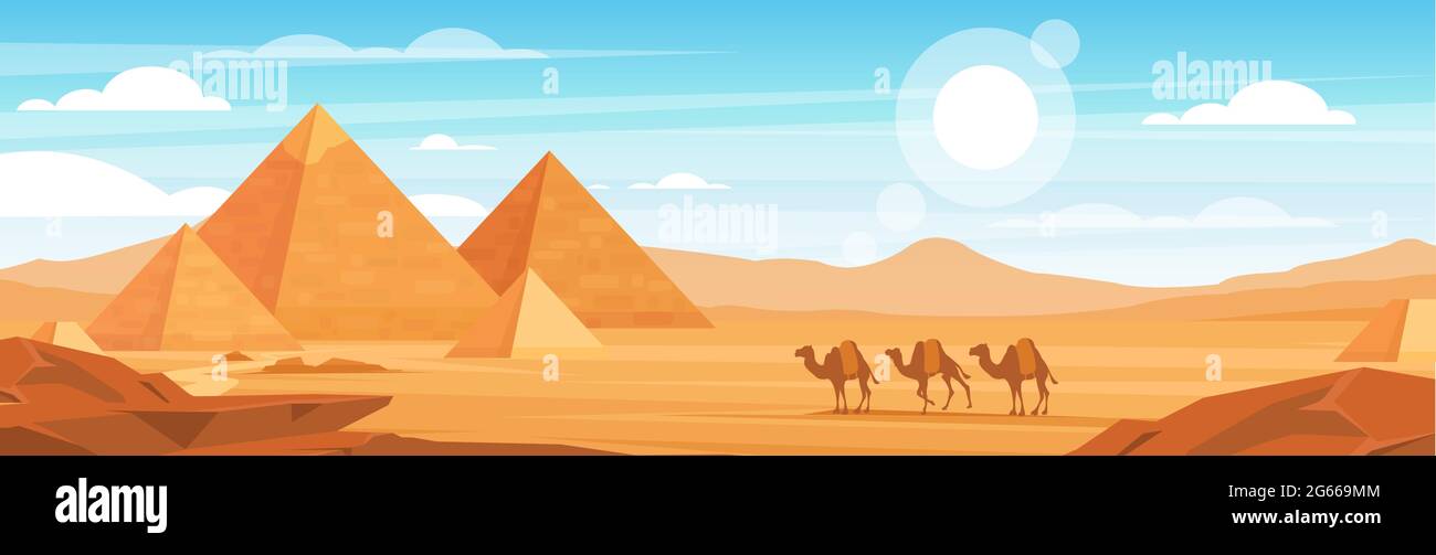 Piramidi in deserto piatto vettore illustrazione panoramica. Paesaggio egiziano a sfondo cartone animato di giorno. Cammelli caravan e Egitto monumenti paesaggistico Illustrazione Vettoriale