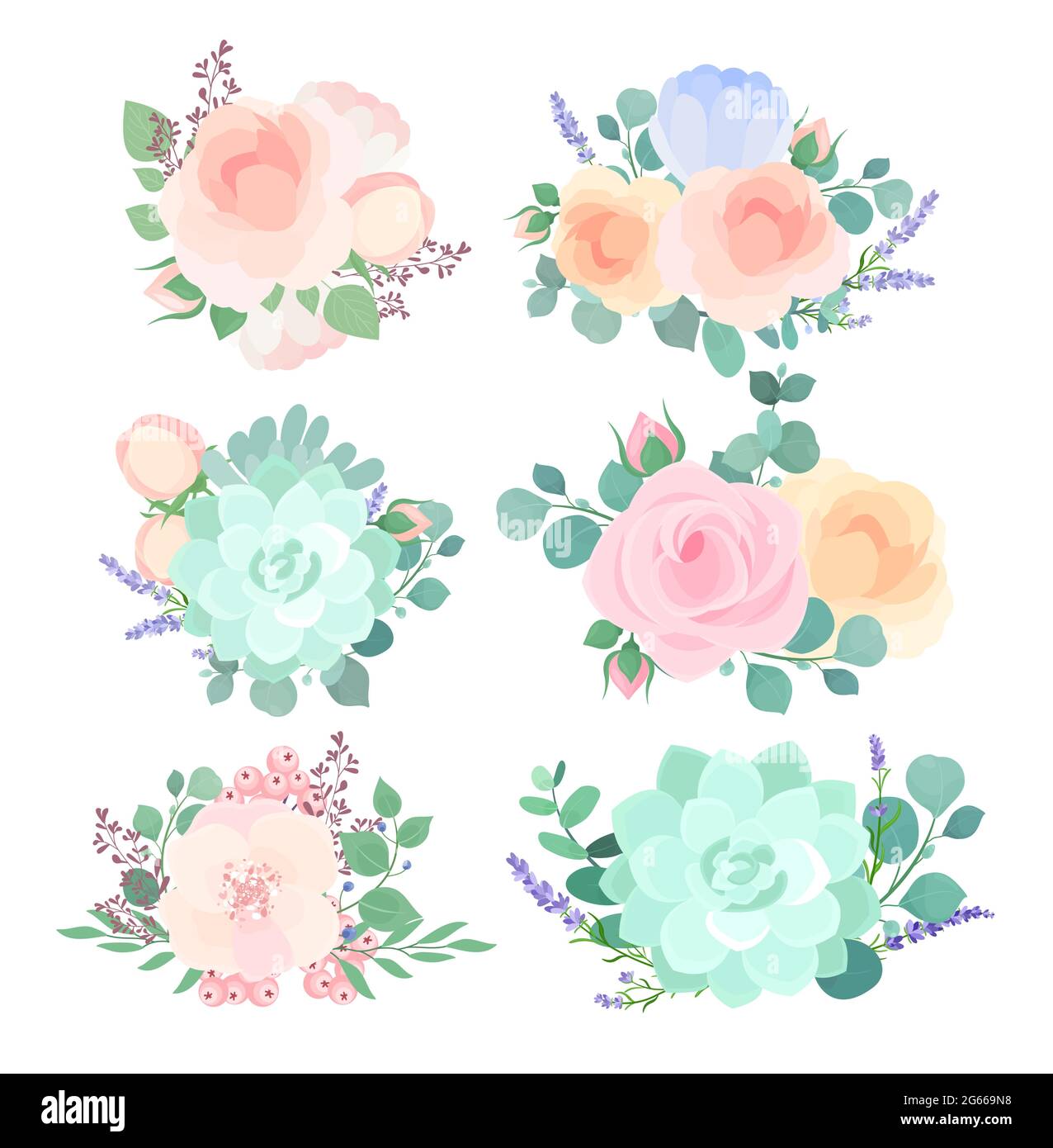 Composizioni floreali insieme di illustrazioni vettoriali piatte. Auricolari rosa chiaro e blu, elementi di design isolati. Rose con foglie e fiori selvatici ramoscelli Illustrazione Vettoriale
