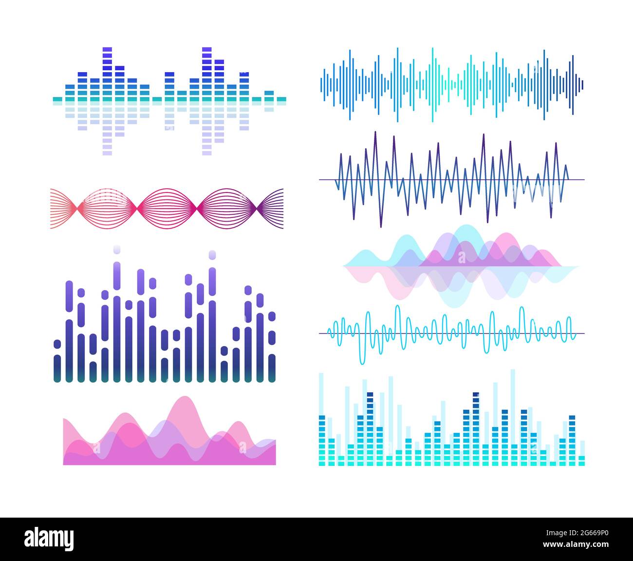 Set di illustrazioni vettoriali a colori degli effetti sonori. Visualizzazione delle onde sonore e delle vibrazioni vocali. Equalizzatore lettore audio. Linee e curve viola isolate Illustrazione Vettoriale