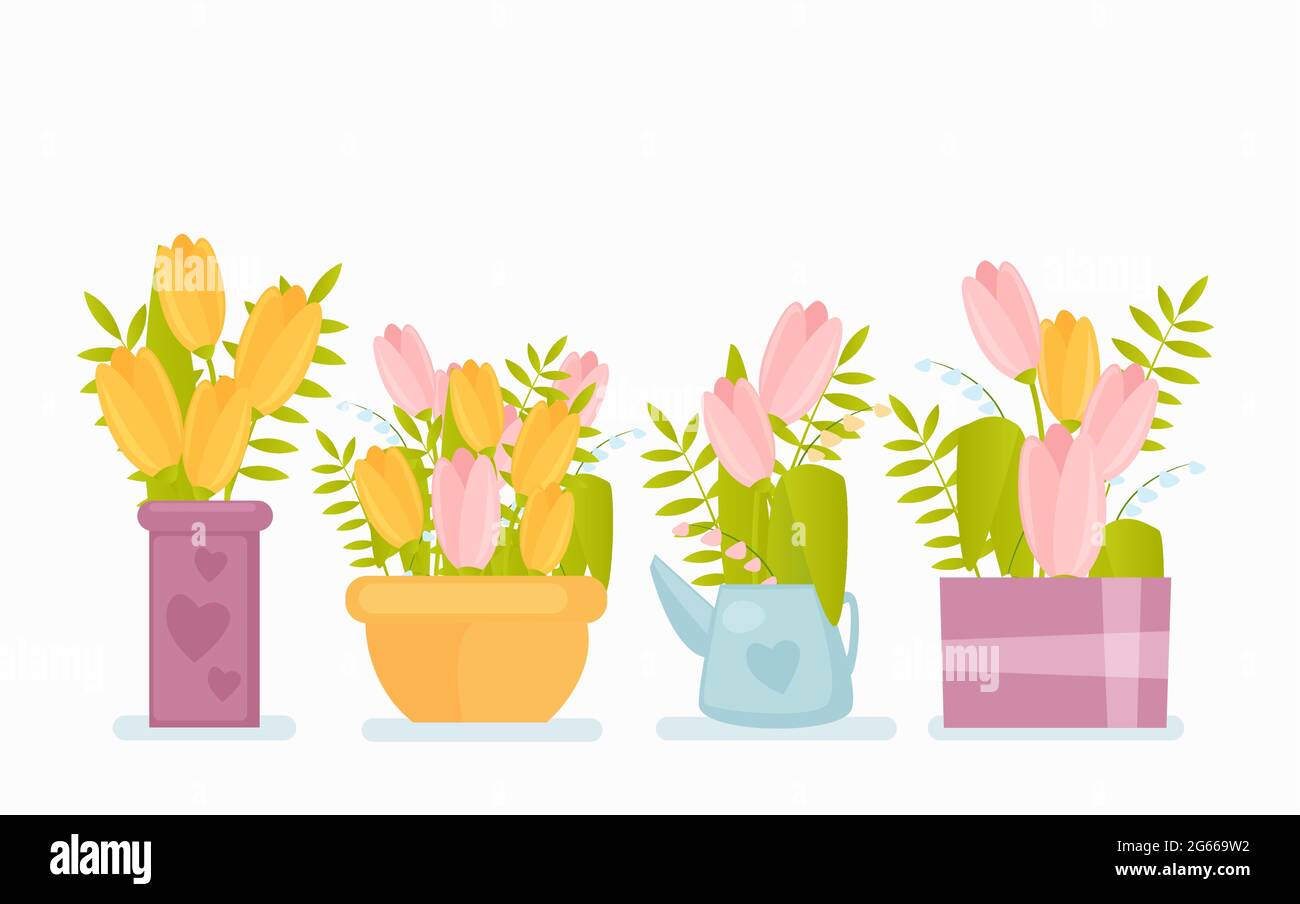 Fiori di primavera in pentole flat vettore illustrazioni set Illustrazione Vettoriale