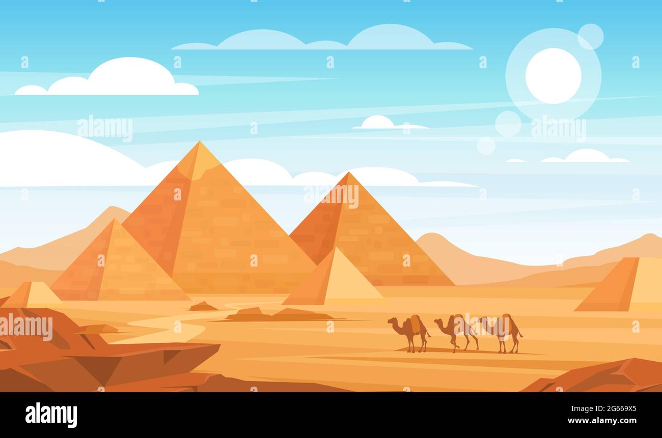 Piramidi nel deserto piatto vettore illustrazione. Paesaggio egiziano sfondo panoramico cartoon. Cammelli beduini carovan e monumenti egiziani. Africano Illustrazione Vettoriale