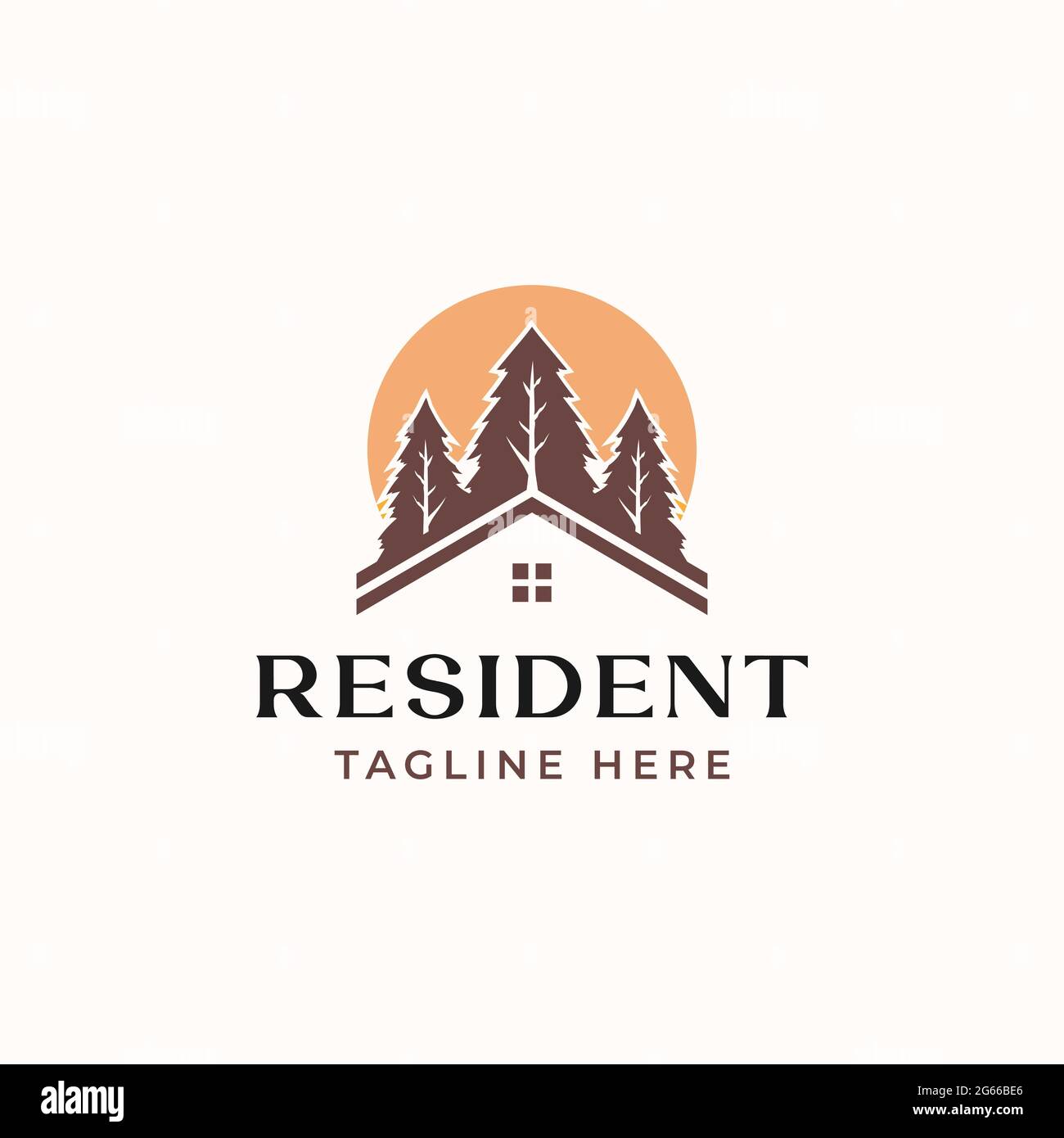 Roof House Pine Tree con Sunset sfondo Logo Template isolato in sfondo bianco Illustrazione Vettoriale