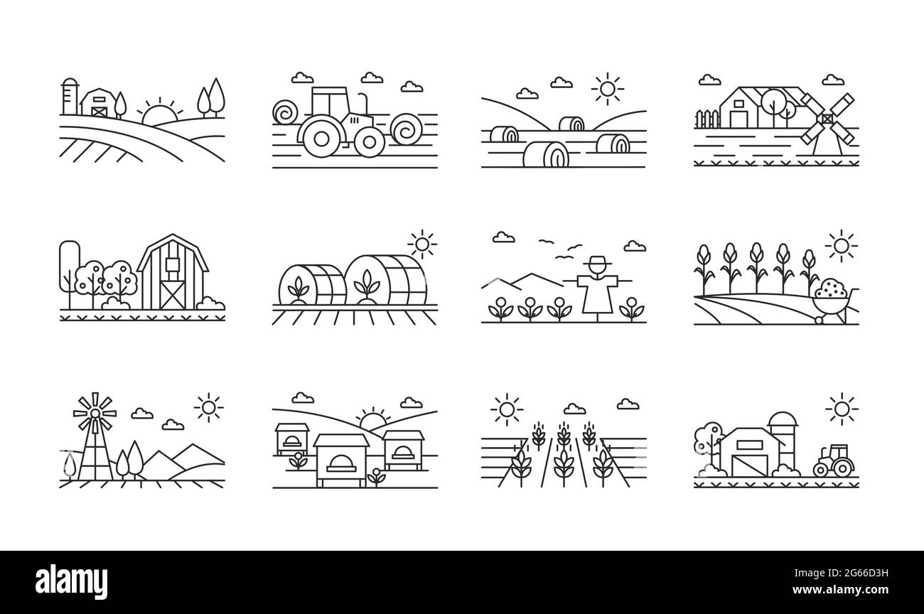 Set lineare bianco e nero icone agricole Illustrazione Vettoriale
