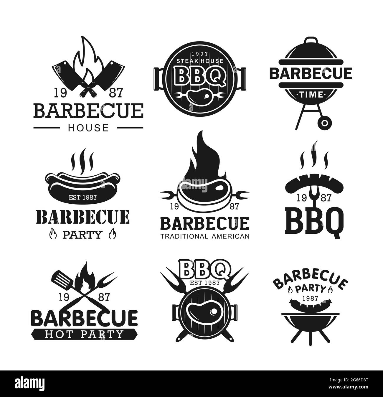 Set di logo per barbecue in bianco e nero Illustrazione Vettoriale