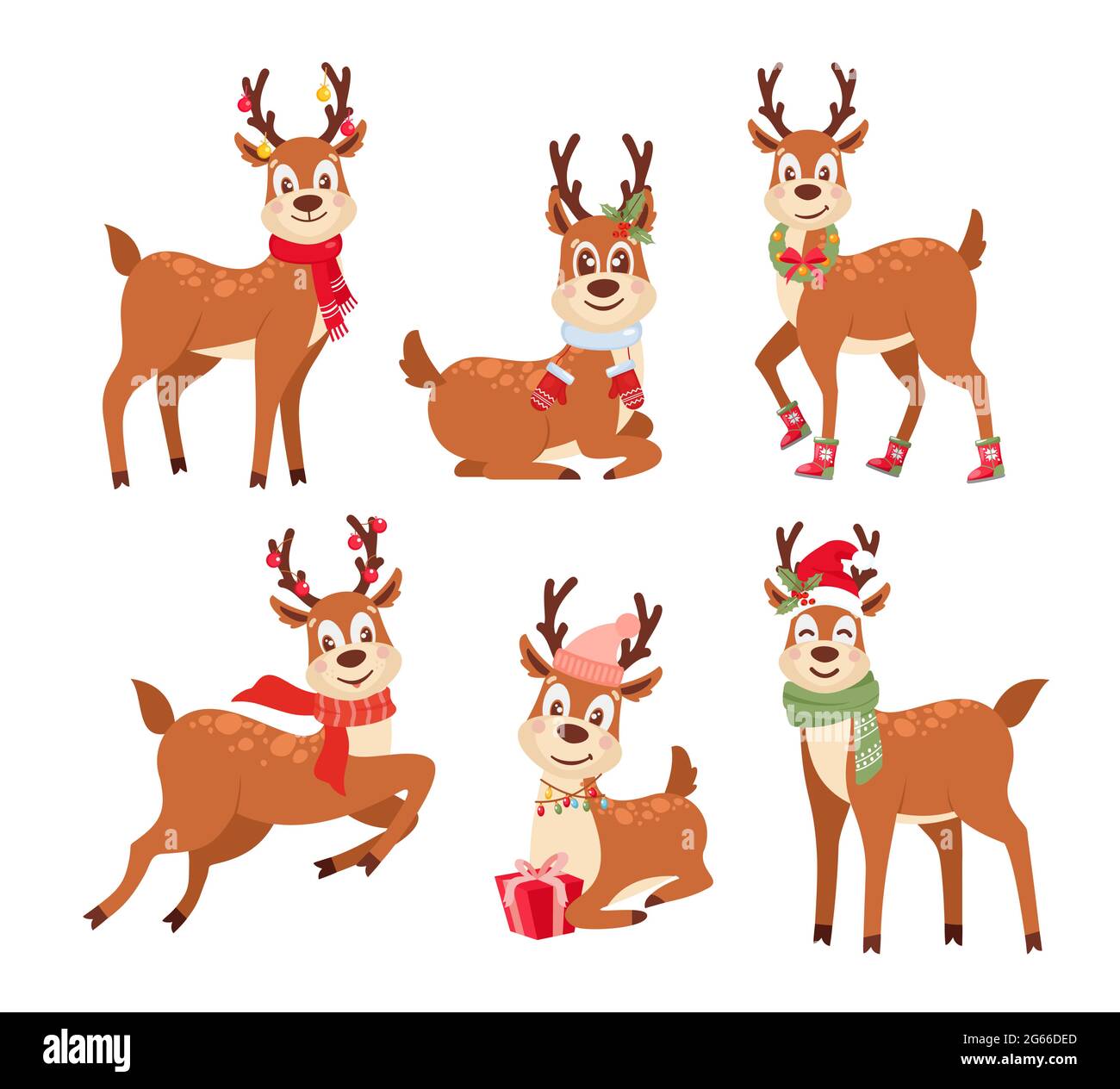 Set di illustrazioni vettoriali piatte per renne. Carino Babbo Natale aiutanti con sciarpe e regali. Divertente deers cartoon personaggi raccolta. Stagione invernale Illustrazione Vettoriale