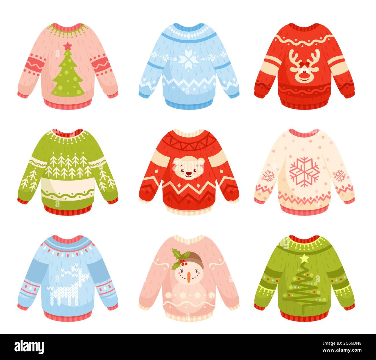 Set di illustrazioni vettoriali piatte per pullover natalizi. Abbigliamento festivo invernale con renne, albero di natale, fiocco di neve e pupazzo di neve. Colorato caldo Illustrazione Vettoriale