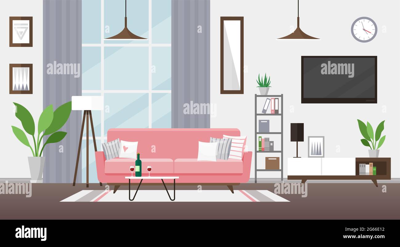 Immagine vettoriale piatta del soggiorno. Interni dal design moderno e dettagliato. Camera con divano rosa, TV, libreria. Appartamento accogliente. Appartamento con grandi finestre e. Illustrazione Vettoriale