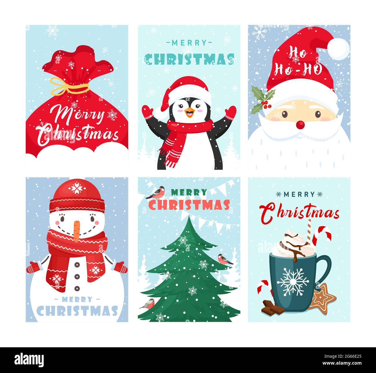 Set di modelli di biglietti d'auguri natalizi. Carino inverno vacanze cartoline collezione. Fumetto pupazzo di neve, pinguino e Santa con auguri di buon Natale Illustrazione Vettoriale