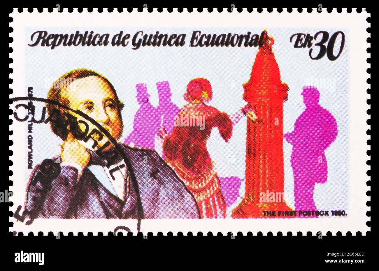 MOSCA, RUSSIA - 22 MARZO 2020: Francobollo stampato in Guinea Equatoriale mostra Sir Rowland Hill (1795-1879), Sir Rowland Hill, Death Centary (i) se Foto Stock