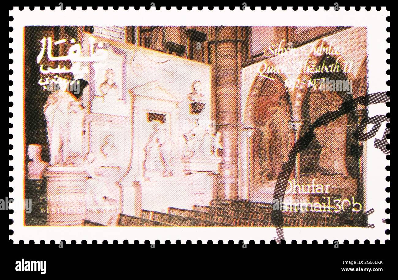 MOSCA, RUSSIA - 22 MARZO 2020: Francobollo stampato a Cinderellas Shows Silver Jubille Queen Elizabeth II 1952-1977, Dhufar serie, 30 Omani baisa, Foto Stock