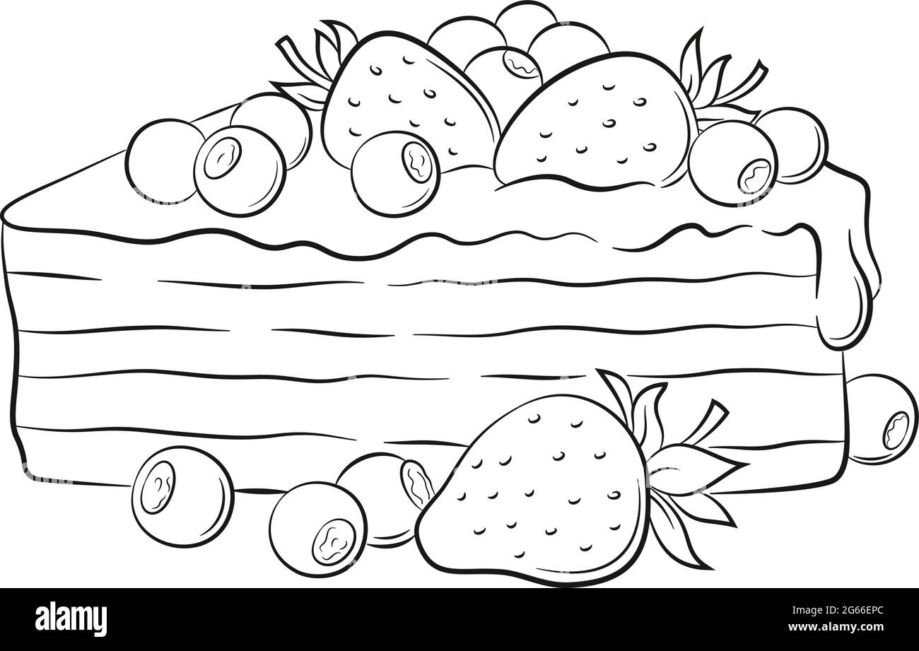 Torta di festa, torta con fragole e mirtilli, contorni neri isolati su sfondo bianco. Vettore Illustrazione Vettoriale