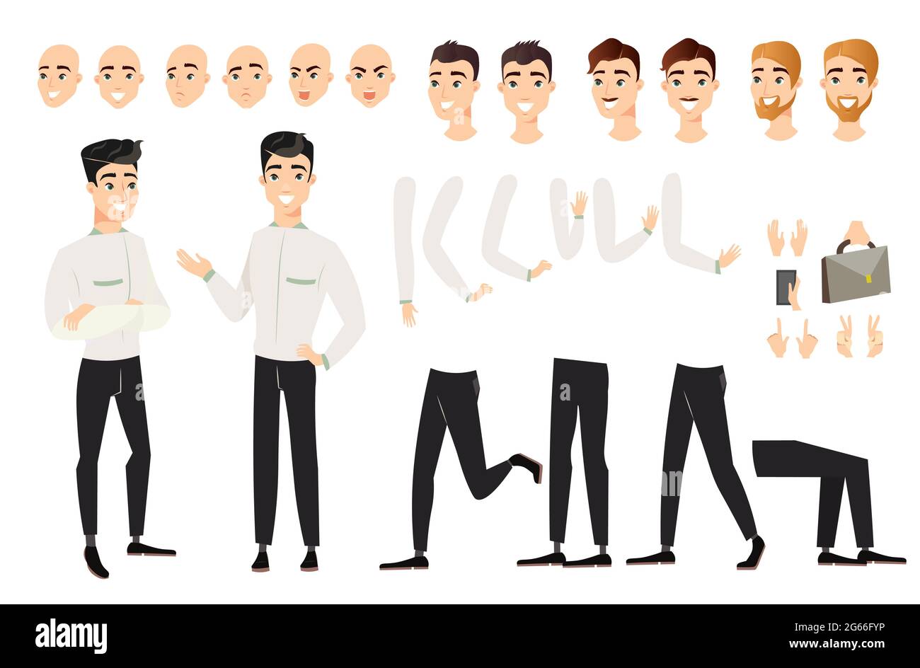 Illustrazione vettoriale di un bel set di uomo con varie posizioni di parti del corpo. Personaggio maschile cartoon con capelli neri in varie viste, pose, viso Illustrazione Vettoriale