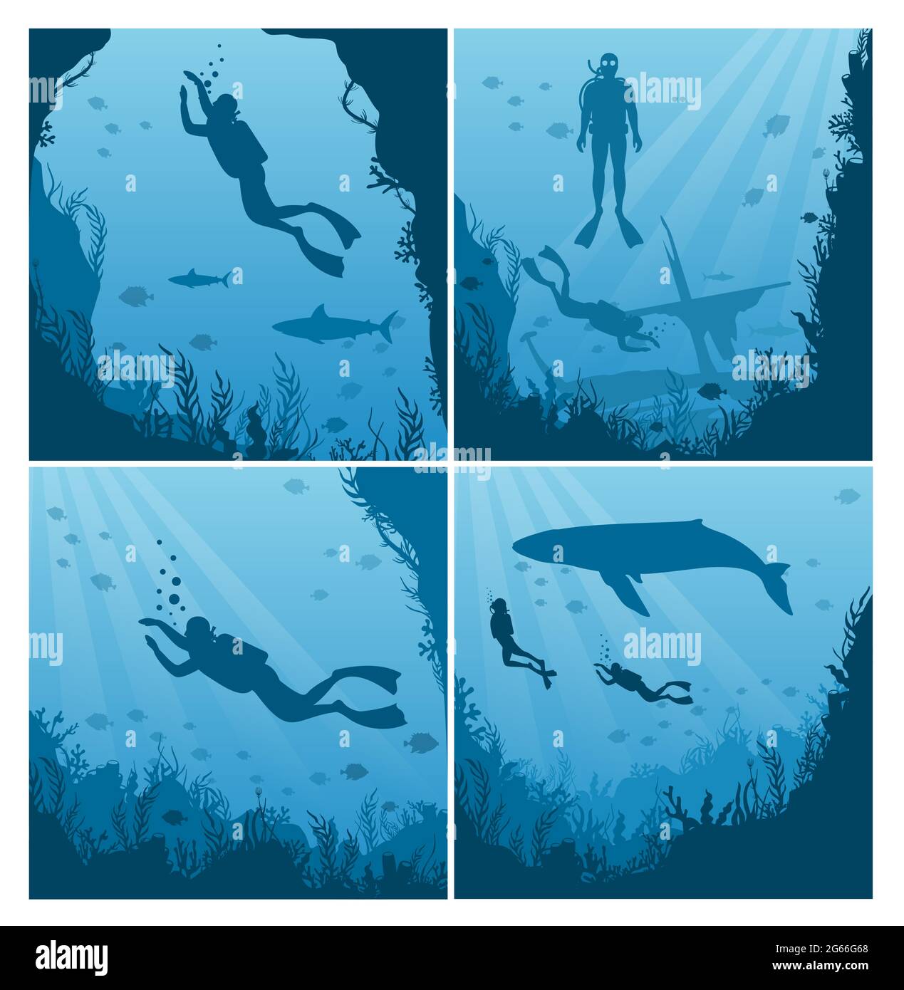 Set di subacquei, snorkeling flat vettoriale illustrazione. Collezione di paesaggi subacquei, Diver in costume da bagno con pinne silhouette. Attivo Illustrazione Vettoriale