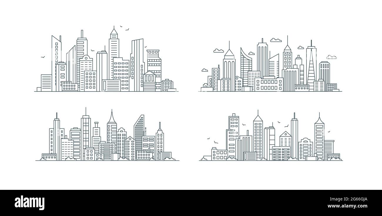 Set di icone lineari degli edifici cittadini, business center Illustrazione Vettoriale