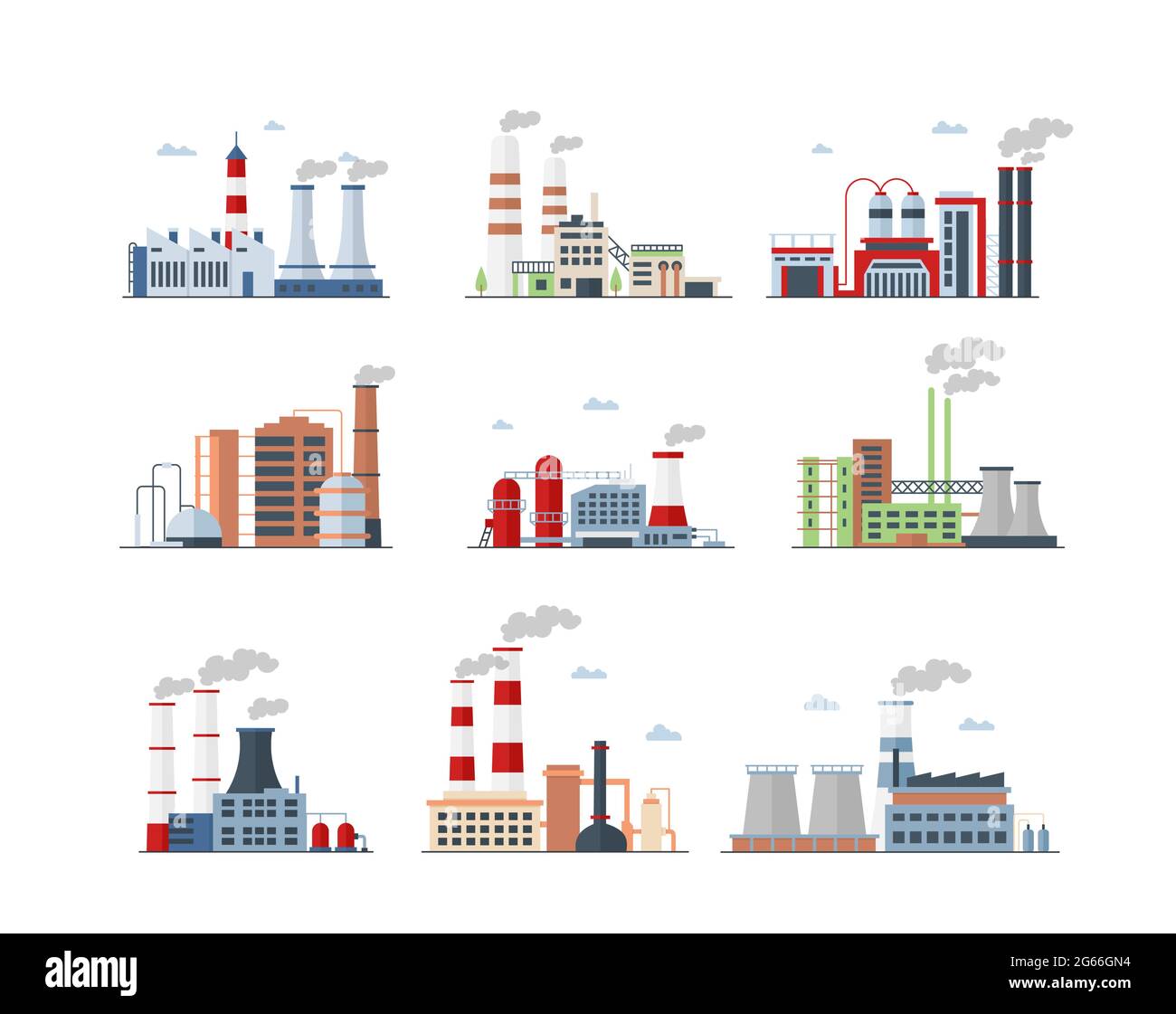 Complesso industriale, edifici di fabbrica con icone colorate Illustrazione Vettoriale