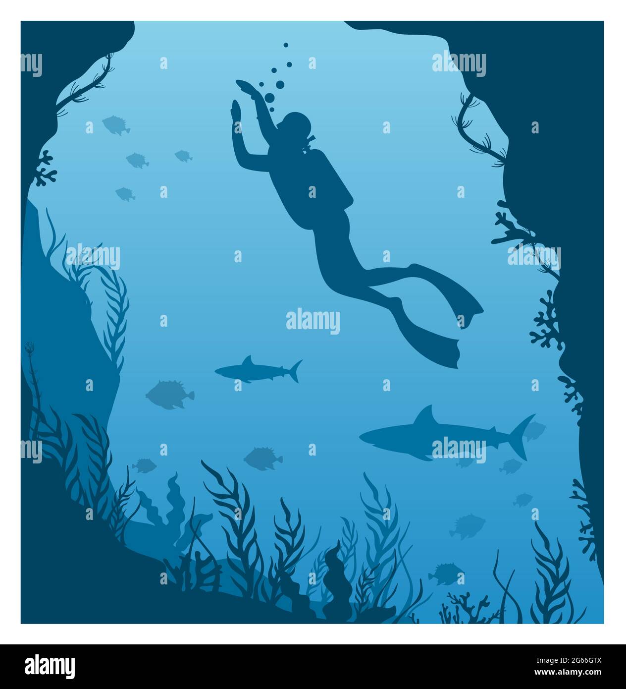 Illustrazione vettoriale di immersione profonda in acqua. Silhouette di subacqueo, uomo in aqualung con lanterna e barriera corallina, grandi pesci su uno sfondo blu mare Illustrazione Vettoriale