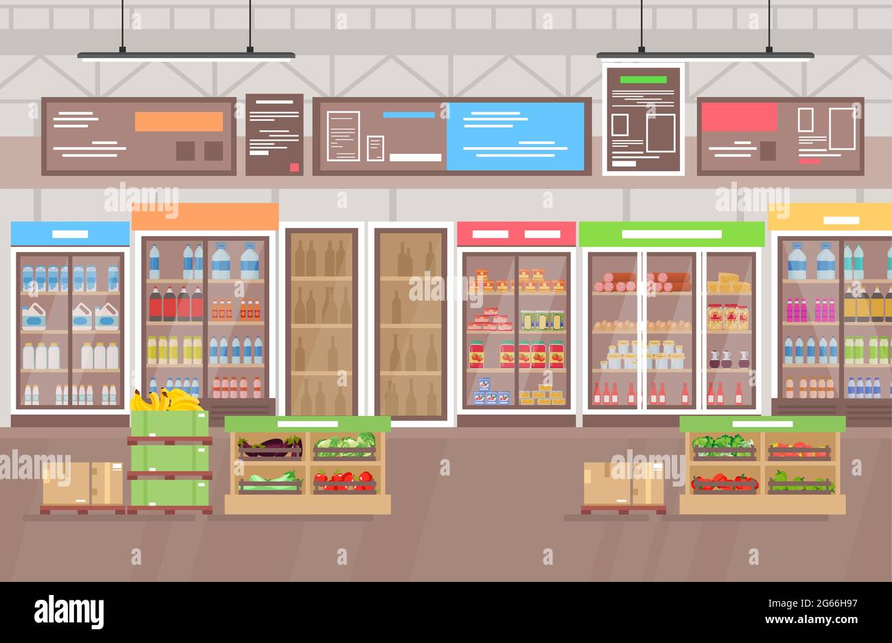 Illustrazione vettoriale dell'interno del supermercato. Grande negozio super mercato con molto merci, frutta e verdura. Centro commerciale interno in cartoni animati piani Illustrazione Vettoriale