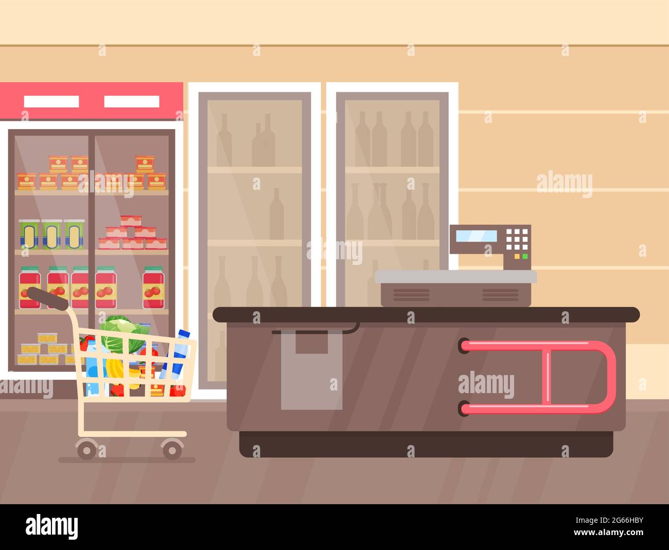 Illustrazione vettoriale dell'interno del supermercato con bancone e frigoriferi con bevande, scaffali e stand con prodotti e merci. Supermercato vuoto, linee Illustrazione Vettoriale