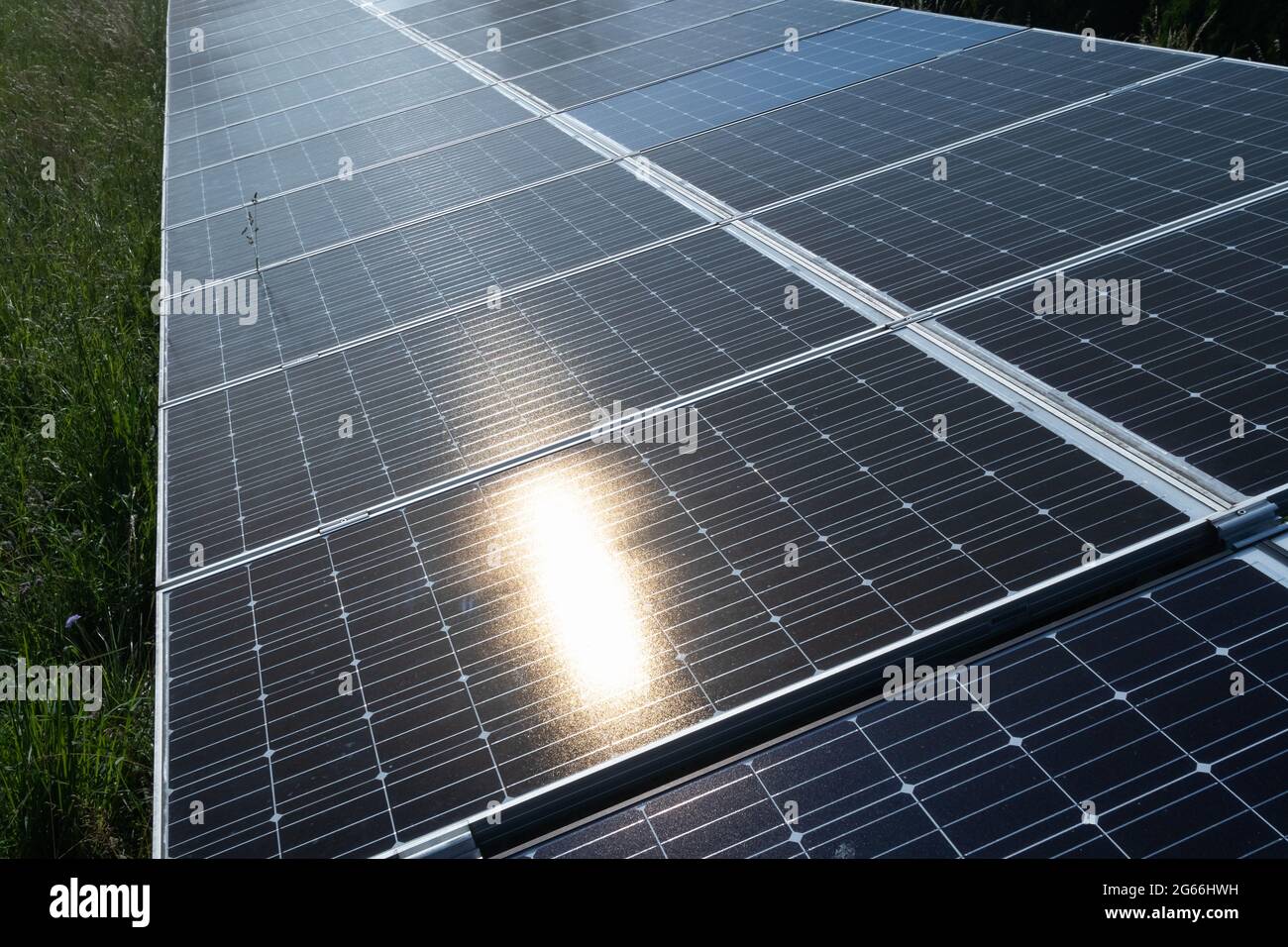 Pannelli solari su prato verde in natura. Foto Stock
