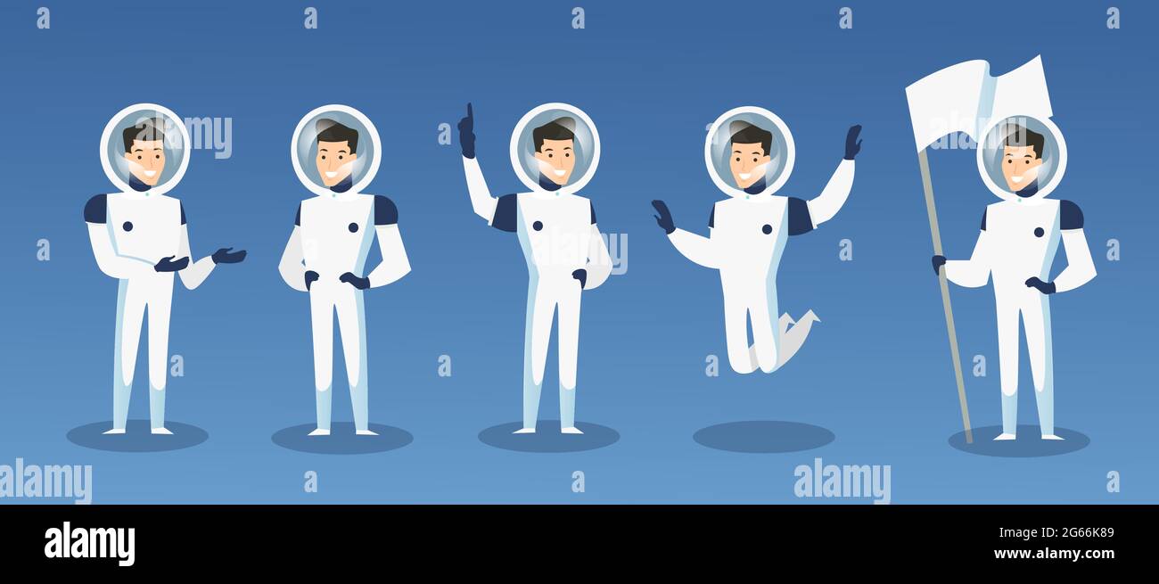 Illustrazione vettoriale insieme di astronauti cartoni animati, spaceman in diverse posizioni. Cosmonauta in movimento in costume spaziale, uomo in spacesuit, isolato su blu Illustrazione Vettoriale