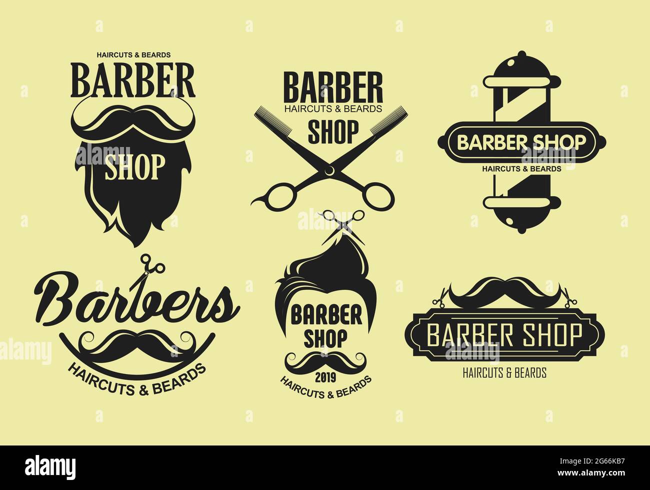 Illustrazione vettoriale insieme di emblemi vintage barbiere in stile retrò isolato su sfondo giallo. Etichette, badge, logo elementi in Illustrazione Vettoriale