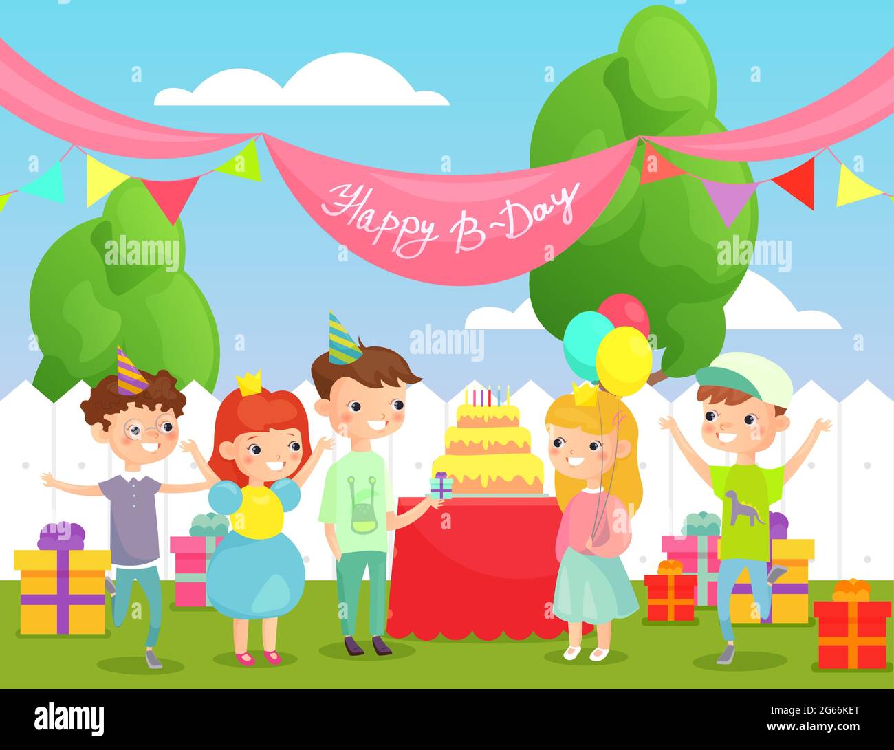 Illustrazione vettoriale di festa di compleanno dei bambini sullo sfondo cortile con amici divertenti, compagnia felice dei bambini di ragazzi e ragazze che si divertono Illustrazione Vettoriale