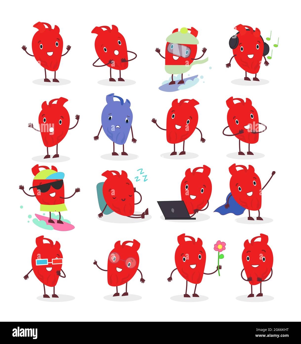 Illustrazione vettoriale del carino carattere anatomico del cuore in diverse posizioni ed emozionale. Collezione di emoji cuore per adesivi e web design in Illustrazione Vettoriale