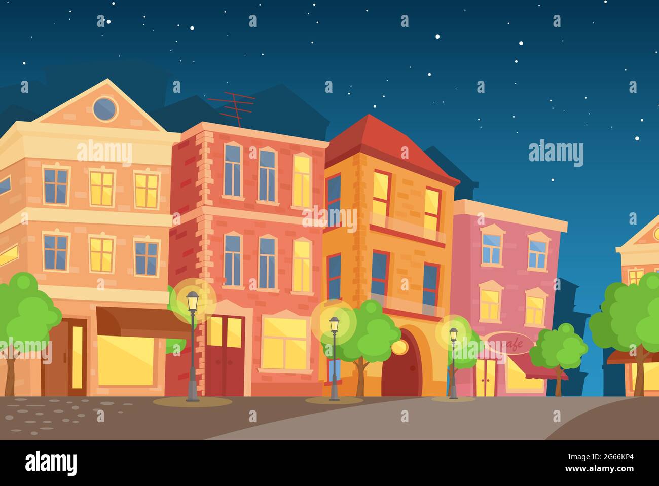 Illustrazione vettoriale della città notturna in stile cartoon. Strada con case colorate e carine, città notturna in stile piatto. Illustrazione Vettoriale