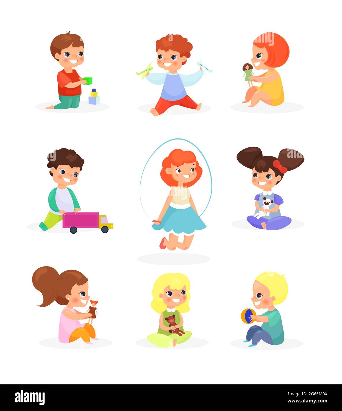 Illustrazione vettoriale insieme di bambini carini che giocano con giocattoli, bambole, saltando, sorridendo. Felici i bambini che si divertono, cartone animato in stile piatto. Illustrazione Vettoriale