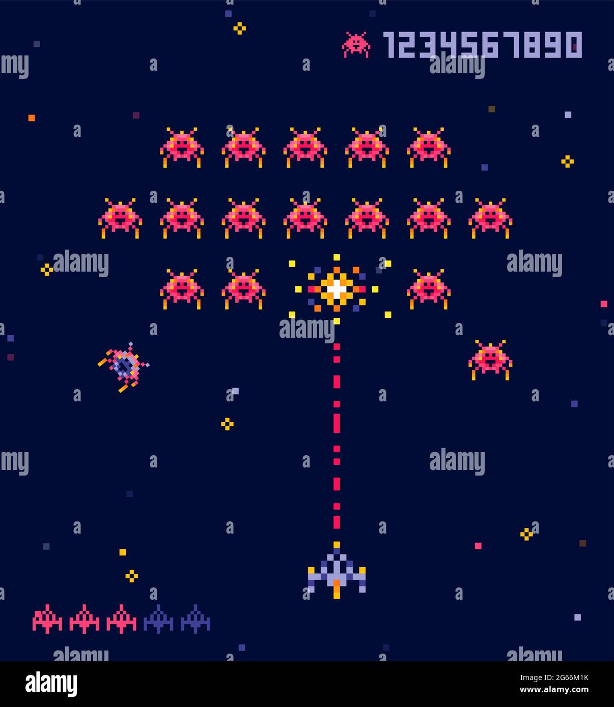 Illustrazione vettoriale di vecchio pixel art stile Ufo spazio guerra gioco. Mostri pixel e astronave. Gioco retrò, concetto di gioco a 8 bit, stile alla moda degli anni '90. Illustrazione Vettoriale