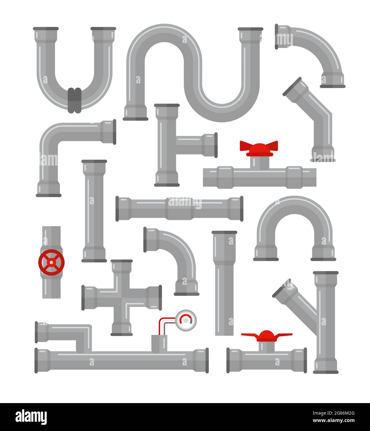 Illustrazione vettoriale insieme di tubi diversi tipi isolati su sfondo bianco. Tubi per acqua, elementi per la costruzione di valvole per gas, industria petrolifera Illustrazione Vettoriale