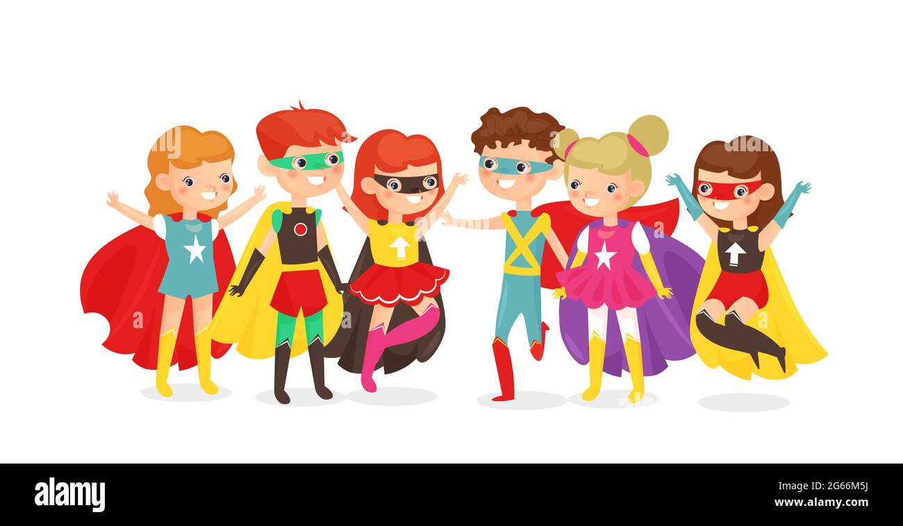 Illustrazione vettoriale di ragazzi e ragazze in costumi supereroi isolati su sfondo bianco. I bambini felici si divertono insieme in costumi super eroi in Illustrazione Vettoriale