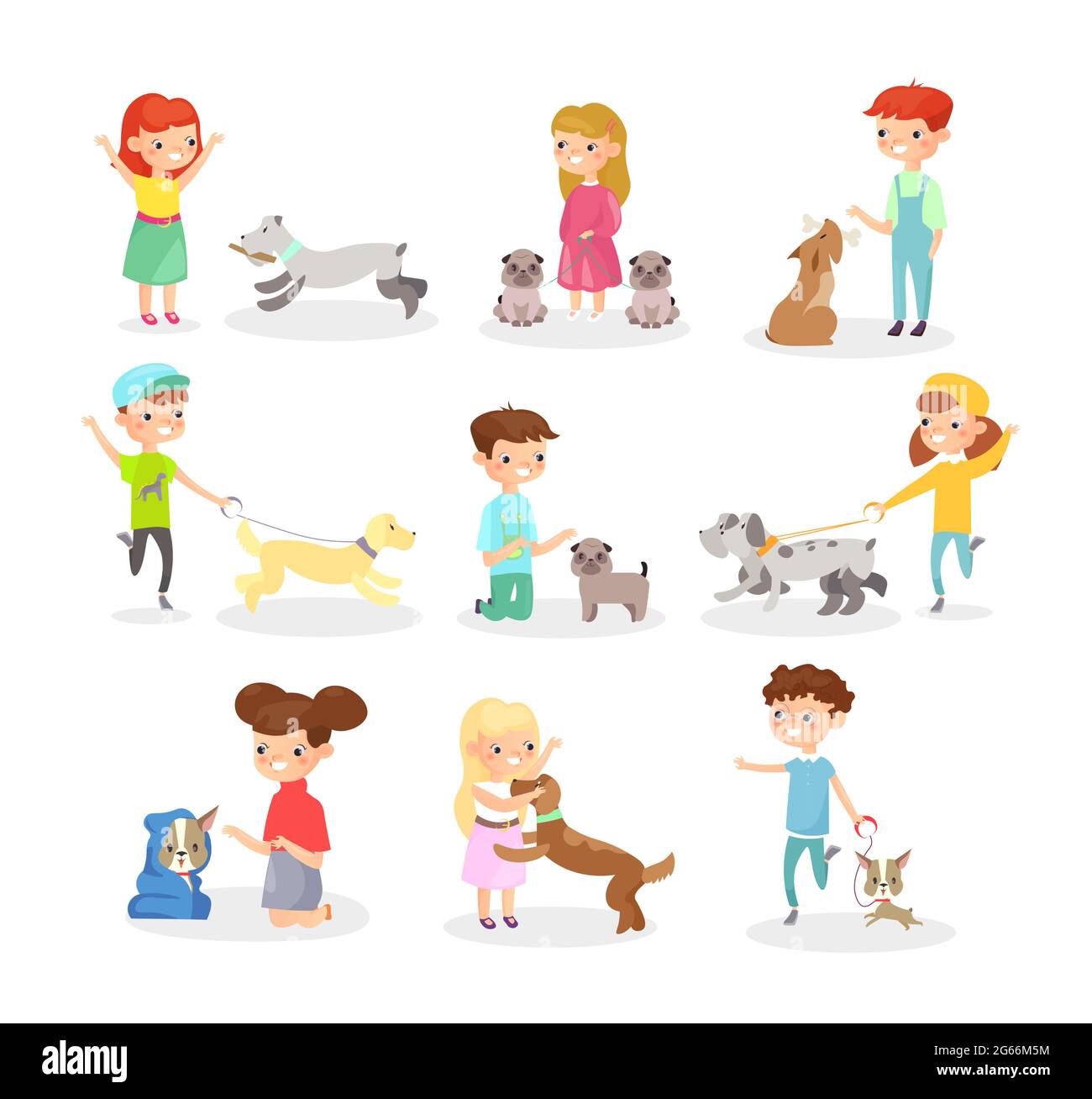 Illustrazione vettoriale insieme di bambini che giocano con cani. Felici ragazzi e ragazze che giocano con il cane, divertendosi insieme. Higs con concetto di animali domestici in appartamento Illustrazione Vettoriale