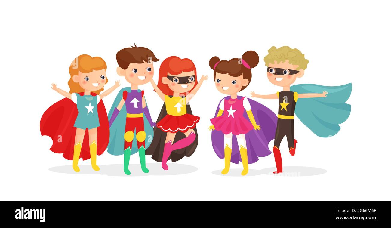 Illustrazione vettoriale dei bambini che indossano costumi colorati di supereroi. I bambini supereroi si divertono insieme, i bambini amici in costume festa isolato su bianco Illustrazione Vettoriale
